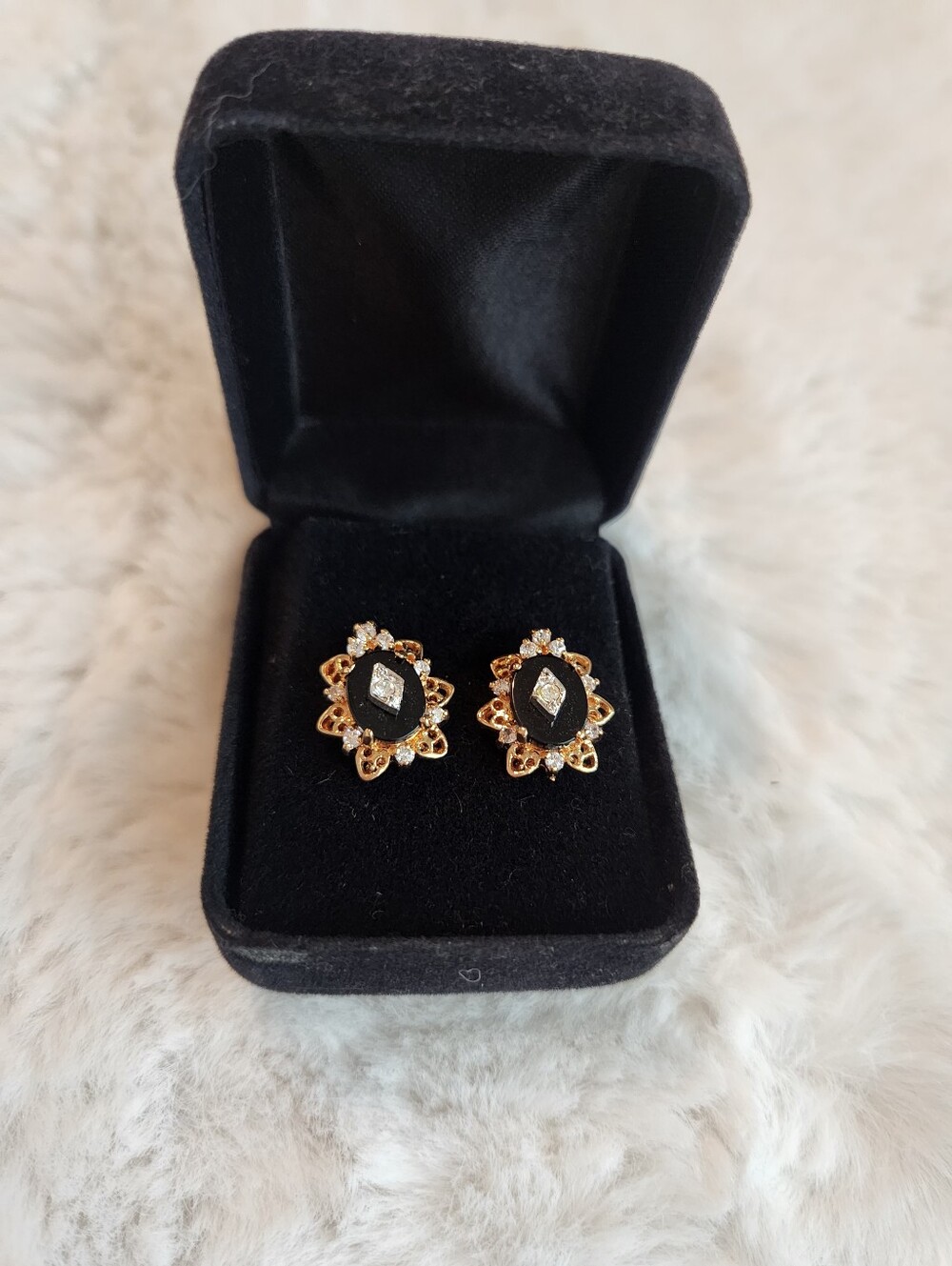 Vintage Gold Tone Black and Clear Stone Floral Stud Earrings